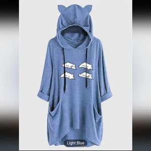 Women's hoodie shirt ear hat mid-length blouse mid-sleeve top oversize sweatshir